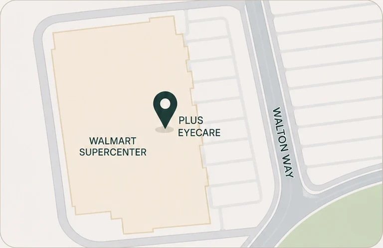 Map illustration showing Plus Eyecare inside Walmart Supercenter beside Walton Way.