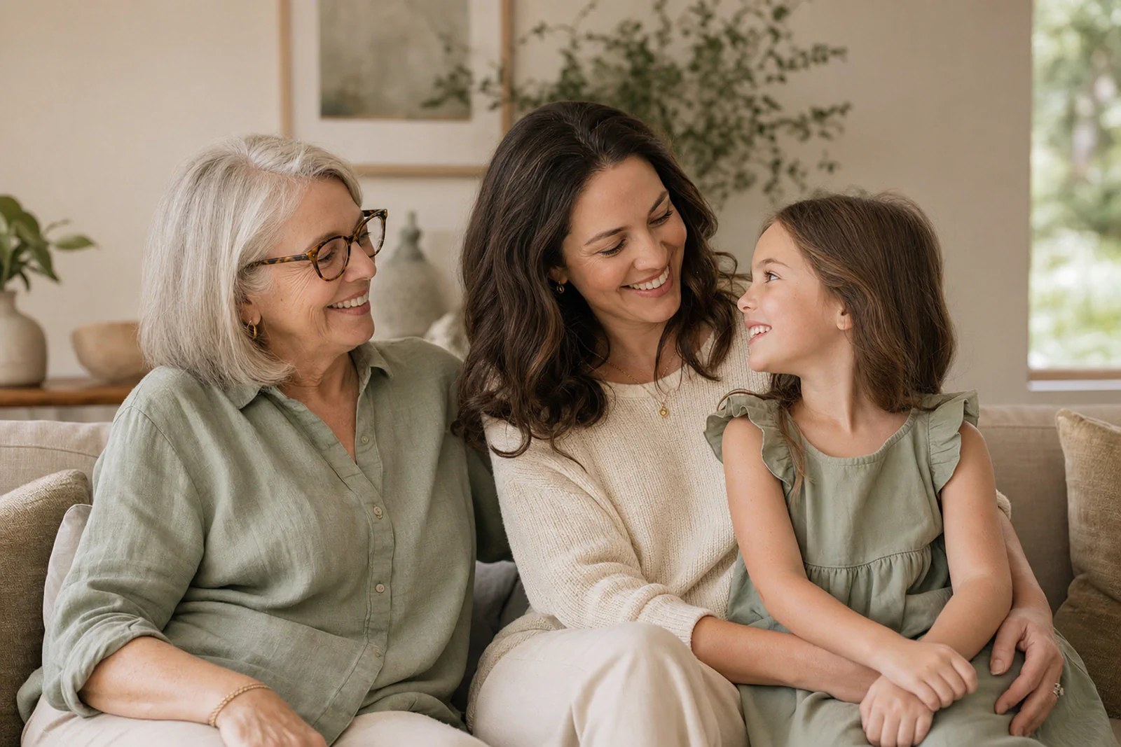Illustrative image of three generations of a family together.